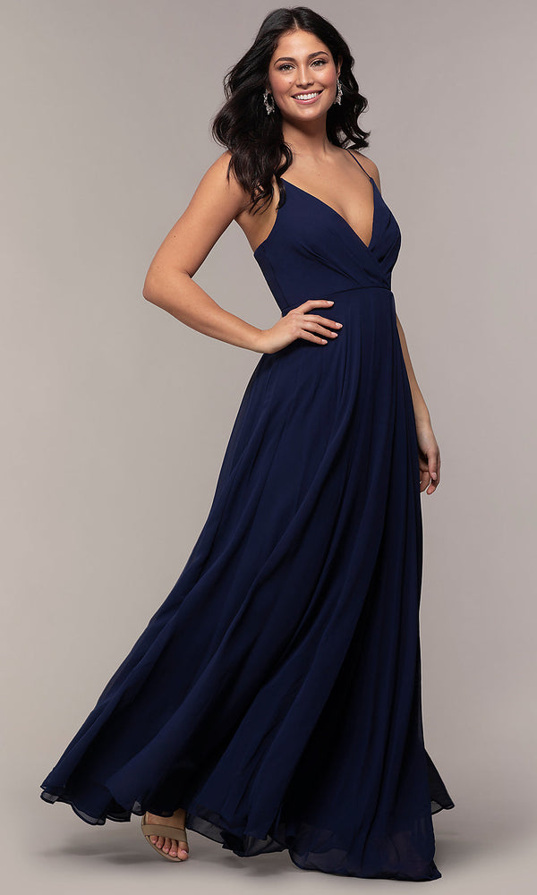 Faux-Wrap Chiffon V-Neck Long Formal Dress