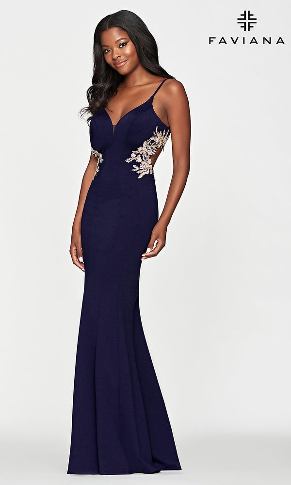 Gold-Beaded Navy Blue Long Prom Dress by Faviana