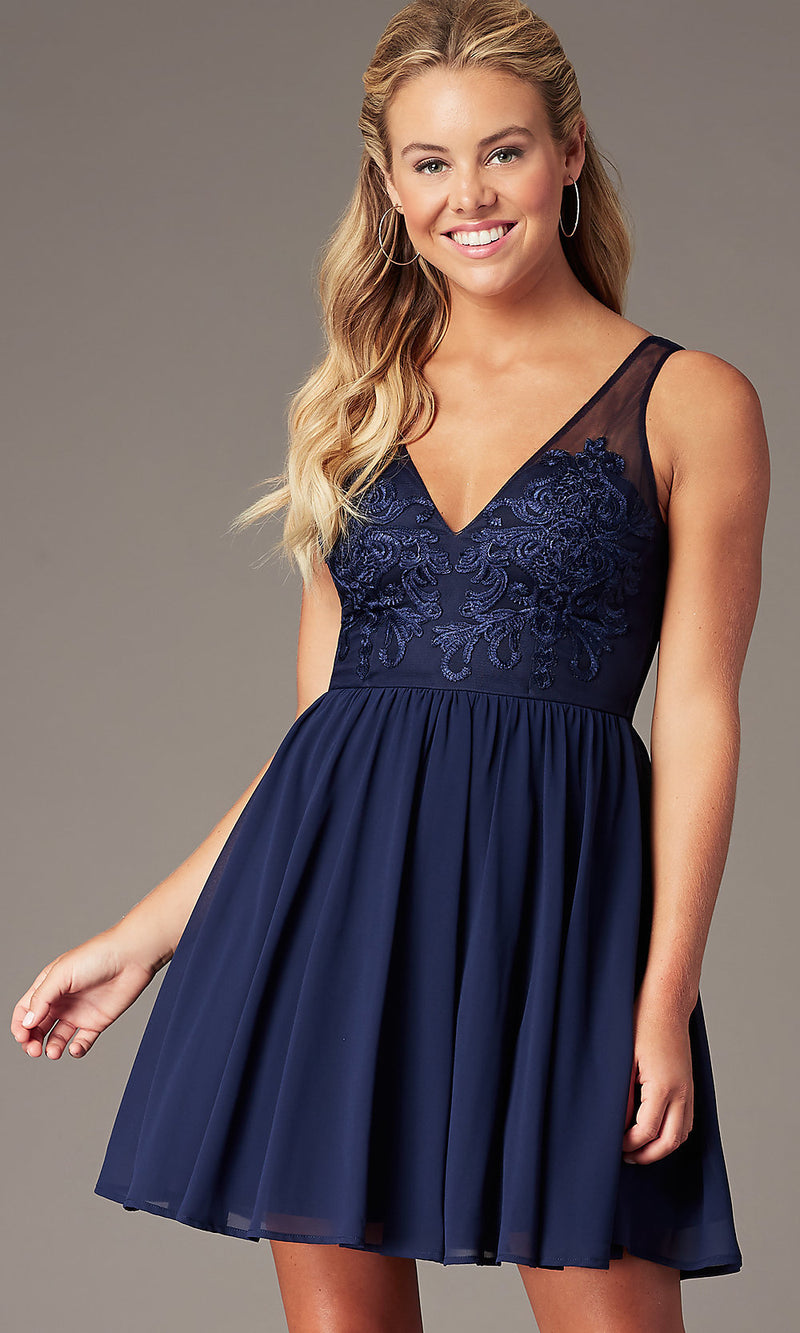 Short Navy Blue Embroidered-Bodice Homecoming Dress