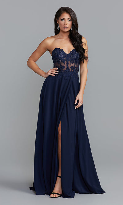 Strapless Sheer-Bodice Long Sweetheart Prom Dress