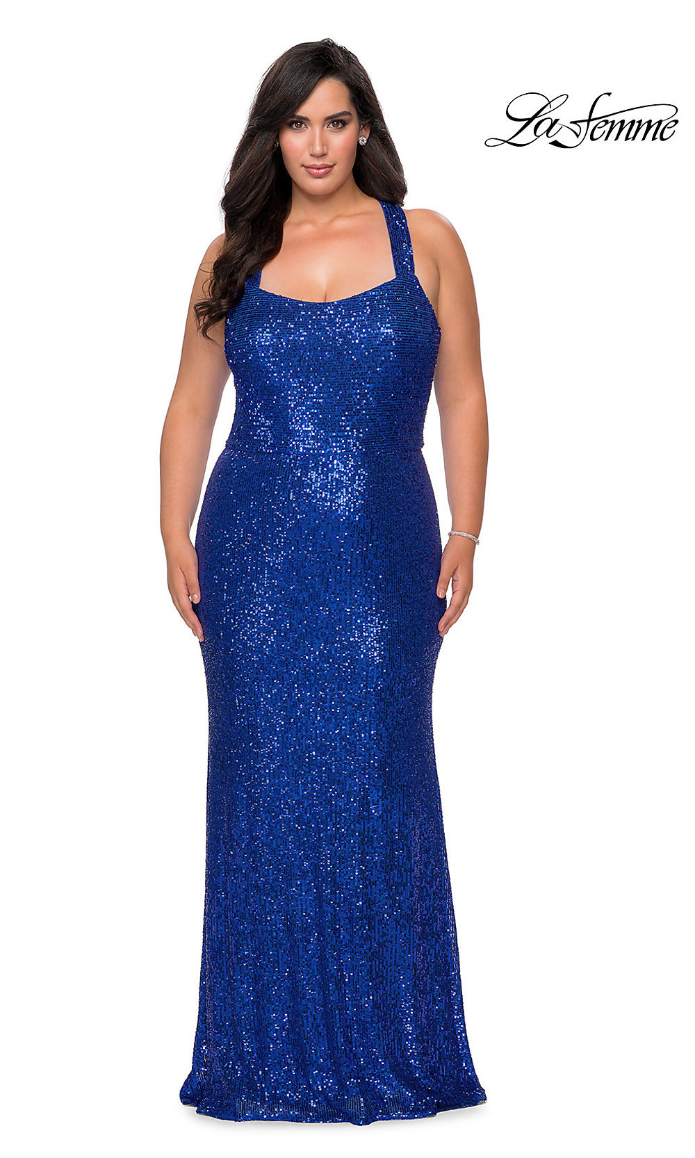 La Femme Long Sequin Plus-Size Prom Dress with X-Back