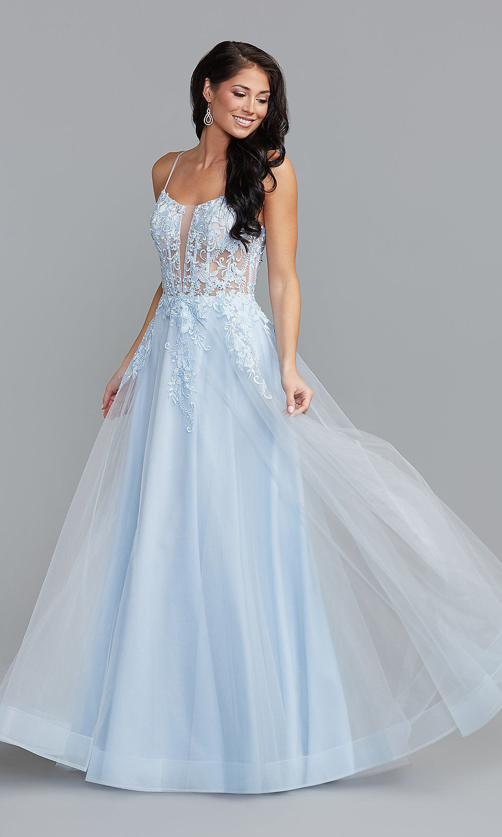 Embroidered Long Blue Prom Dress with Sheer Bodice