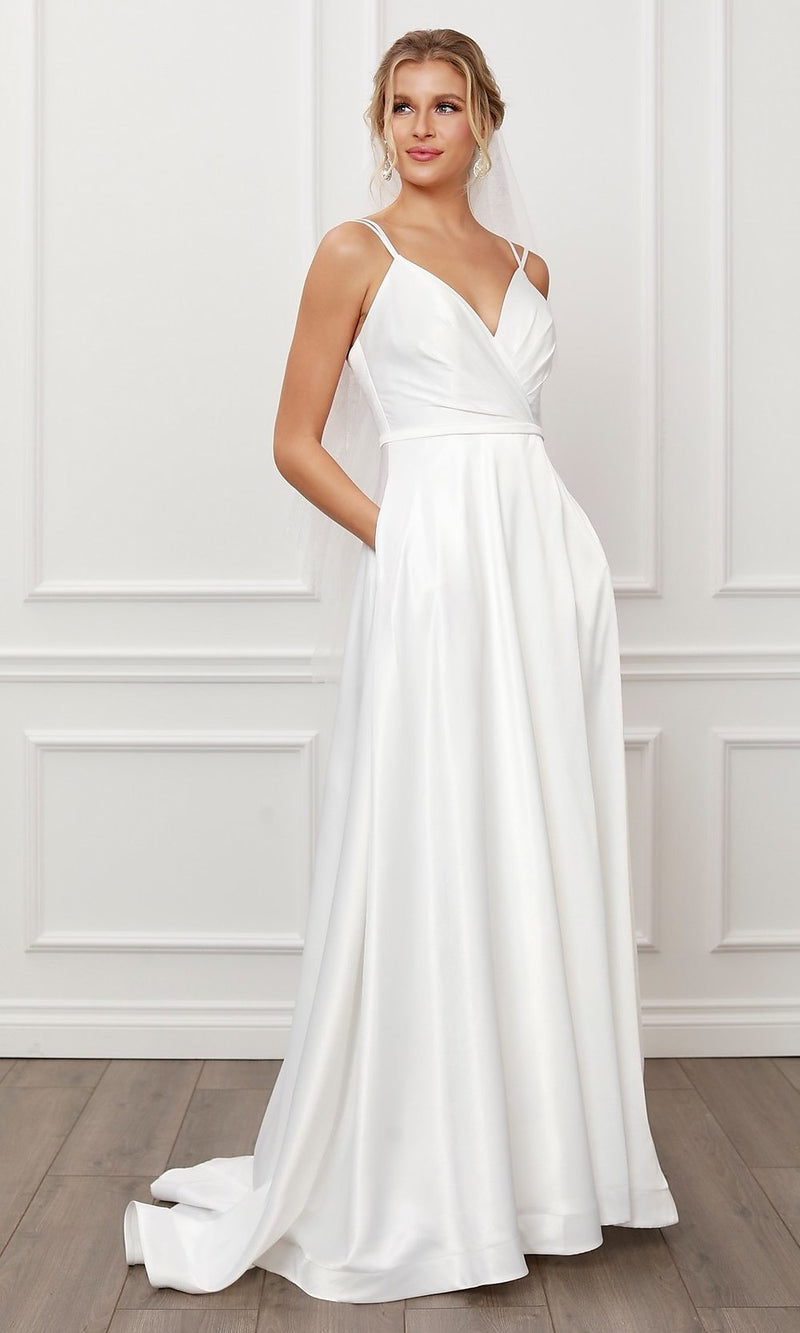 Long White Satin Formal Gown with Side Pockets